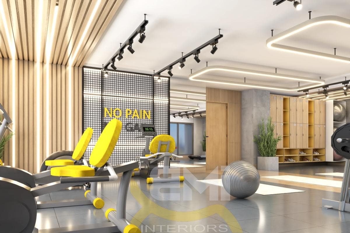 3d model of commercial gym interior with workout machines placed on the ground